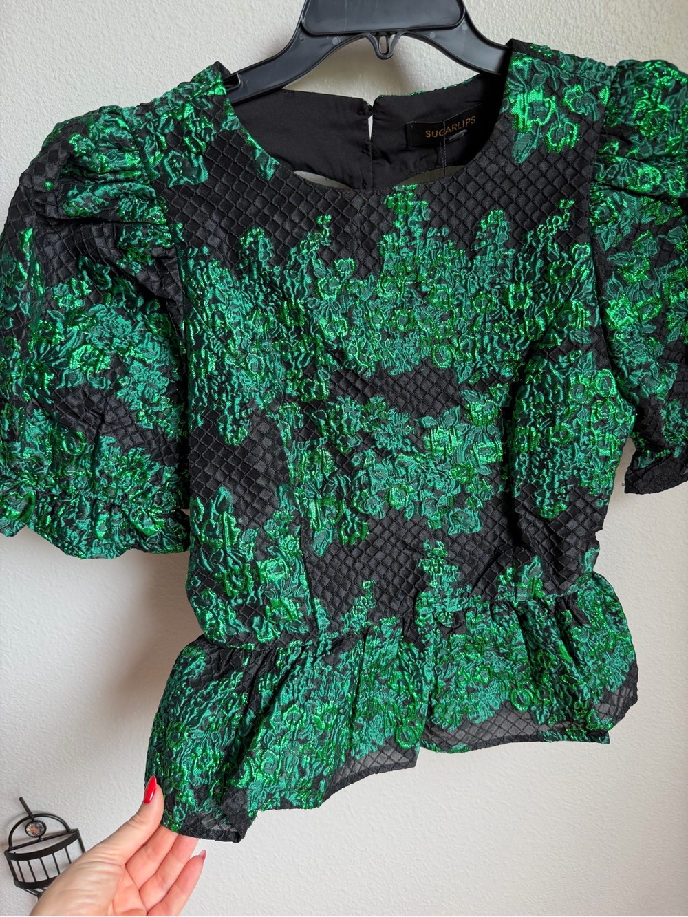 NWT Sugarlips Elyna Jacquard Green Black Puff Sleeve Peplum Blouse Sz S - Picture 8 of 13
